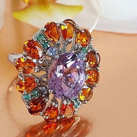 Natural Amethyst 6x4mm,‎ Citrine, Emerald 925 Sterling Silver Jewelry Ring 7.75 - Picture 2 of 12